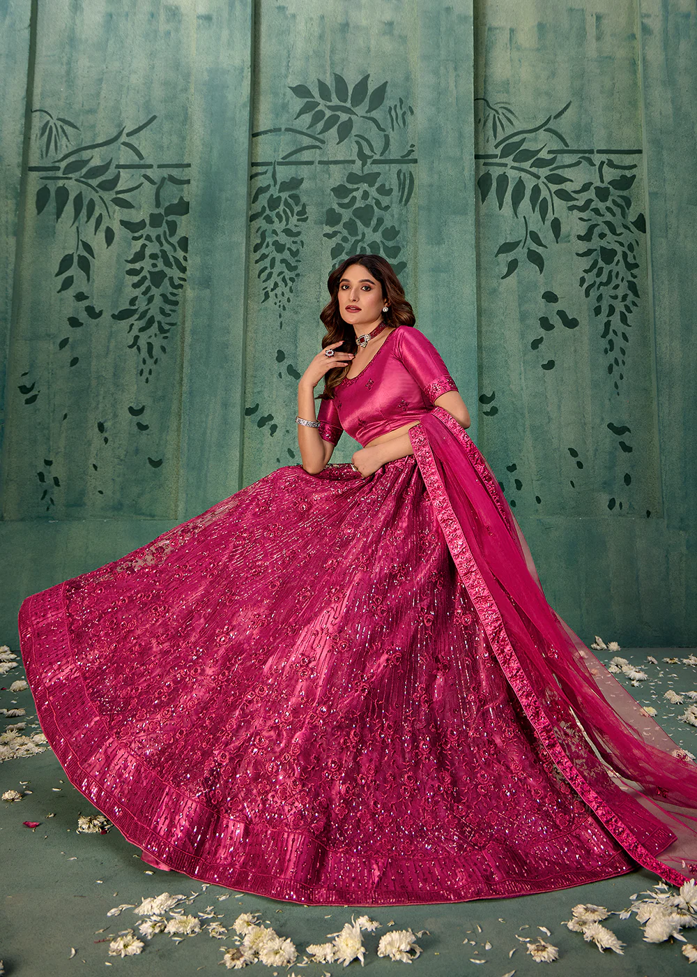 Magenta Pink Sequins Embroidered Net Lehenga Choli - Image 4