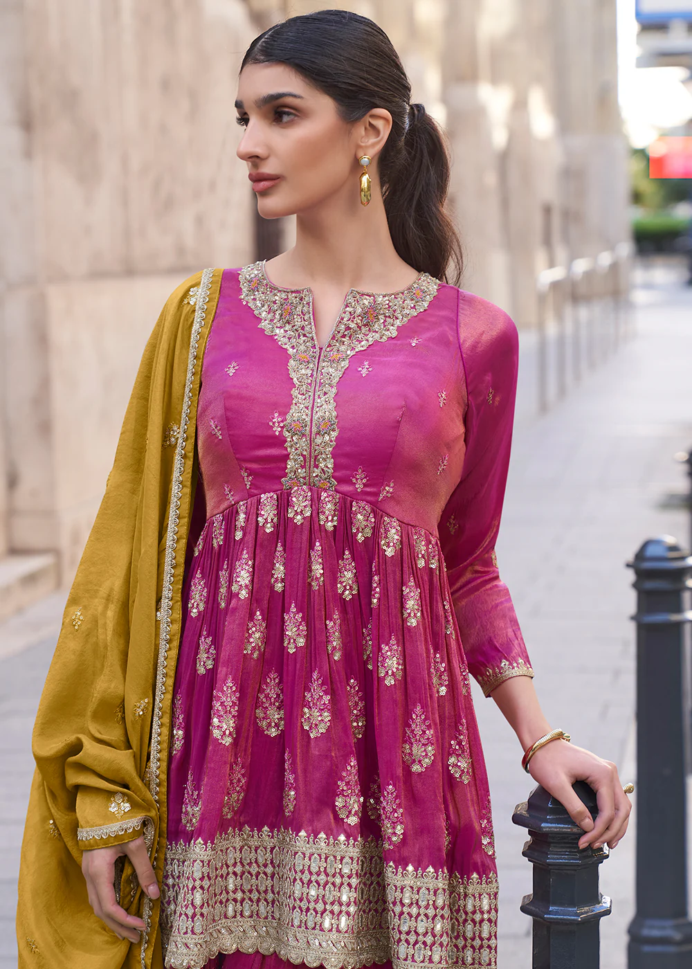 Magenta Pink Shimmer Silk Embroidered Sharara Style Suit - Image 2