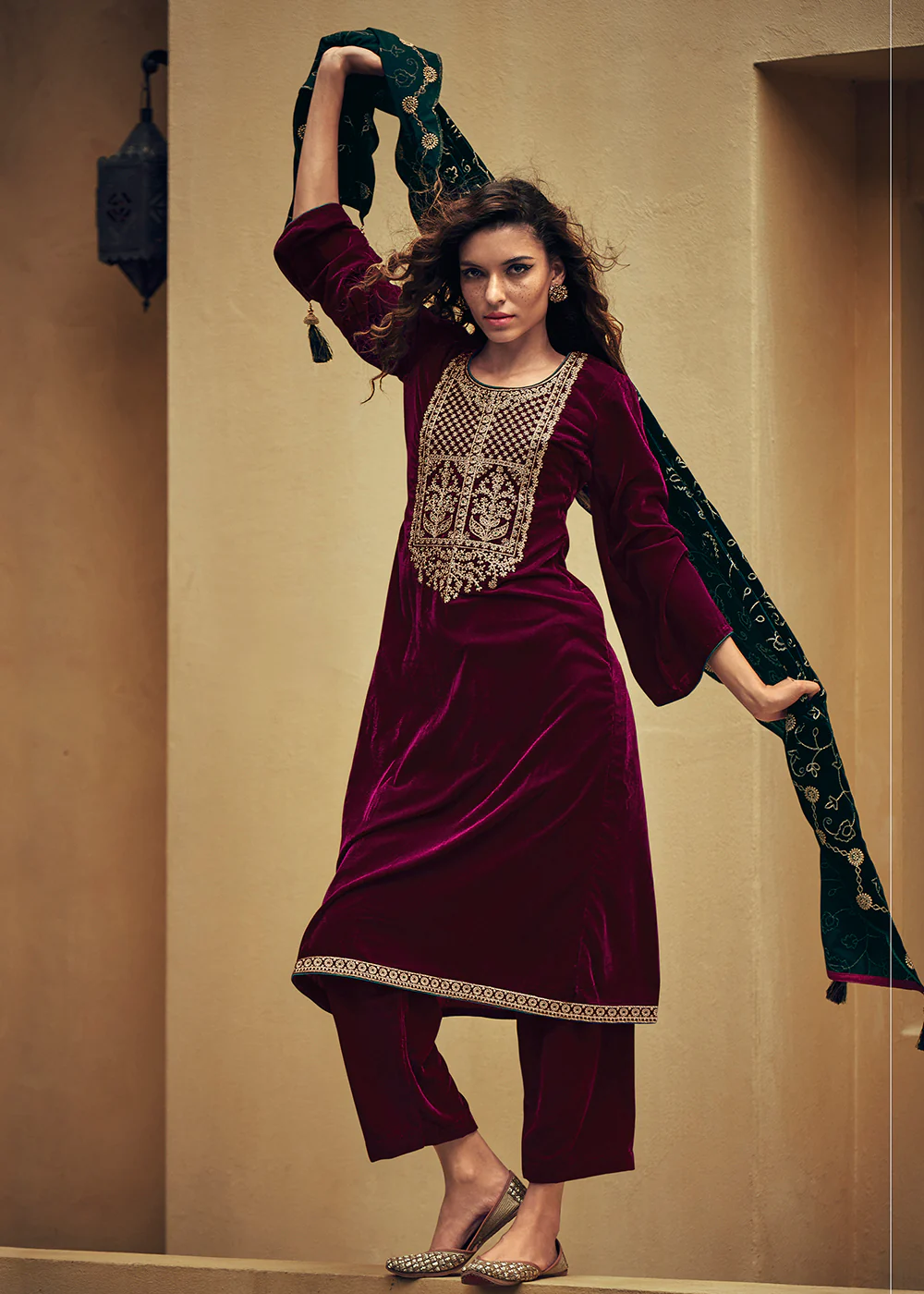 Magenta Pink Velvet Embroidered Pant Salwar Suit