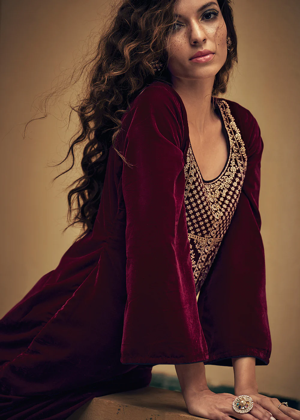 Magenta Pink Velvet Embroidered Pant Salwar Suit - Image 2