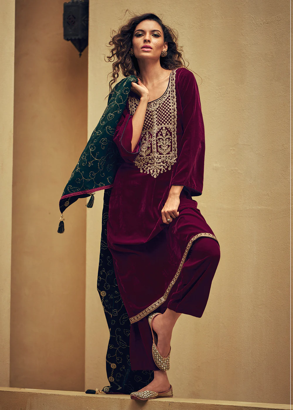 Magenta Pink Velvet Embroidered Pant Salwar Suit - Image 3