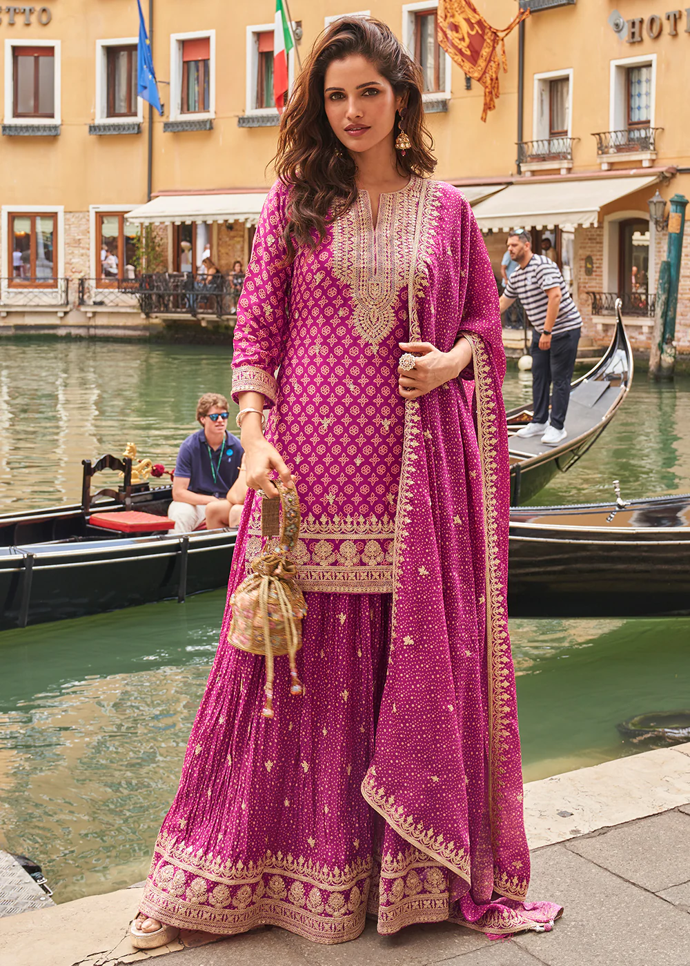 Magenta Pink Zari Threads Palazzo Style Suit