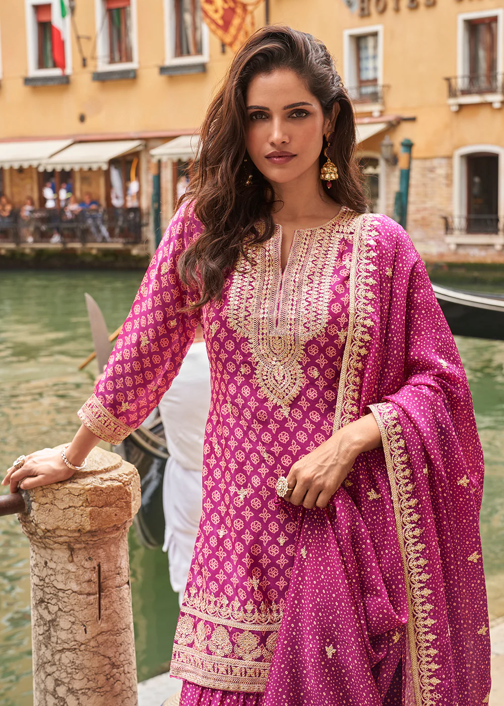 Magenta Pink Zari Threads Palazzo Style Suit - Image 3