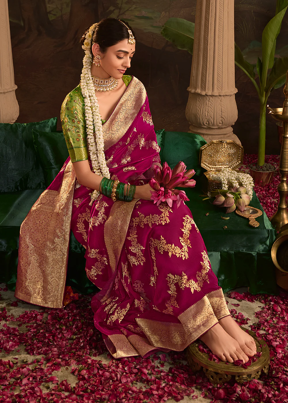 Magenta Pure Crepe Dola Silk Wedding Festive Saree - Image 4