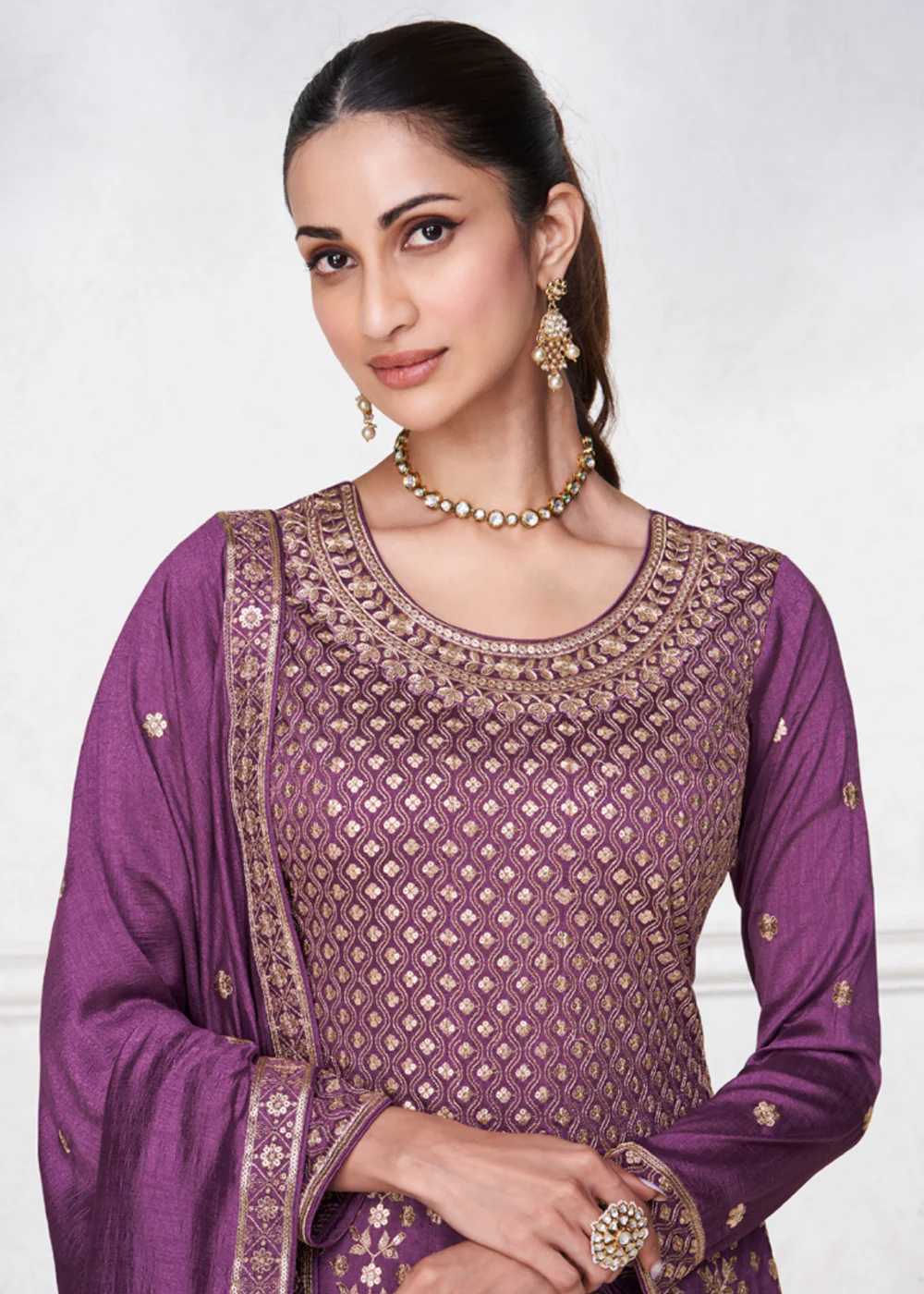 Magenta Purple Punjabi Style Silk Embroidered Salwar Suit - Image 2