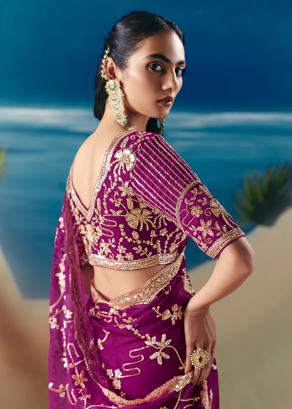 Magenta Purple Satin Organza Fancy Designer Saree - Image 3