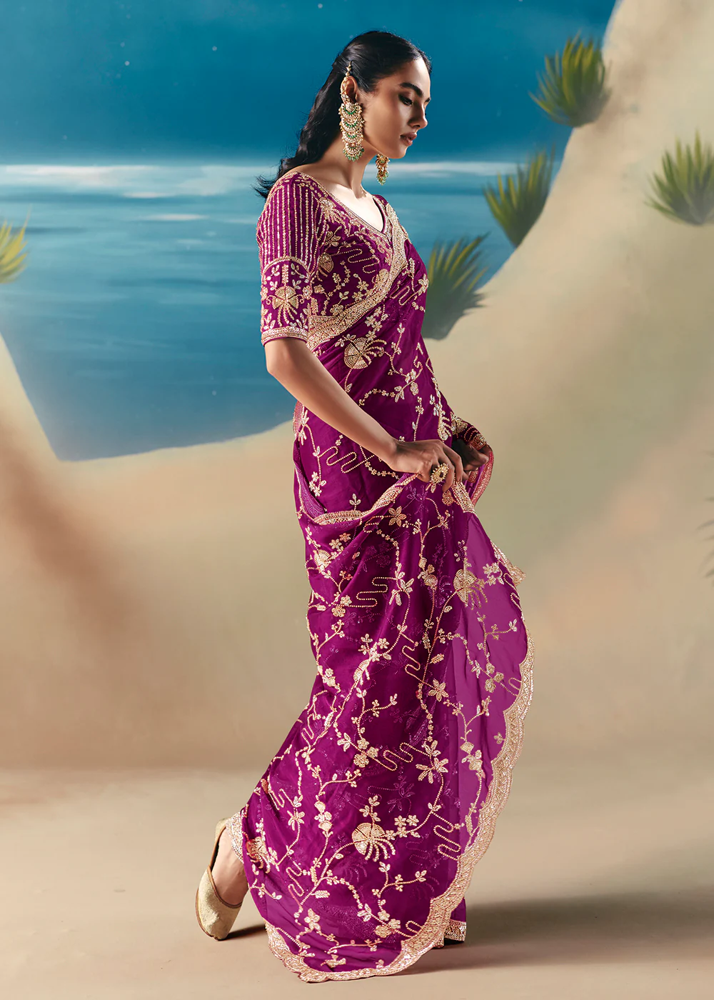 Magenta Purple Satin Organza Fancy Designer Saree - Image 4