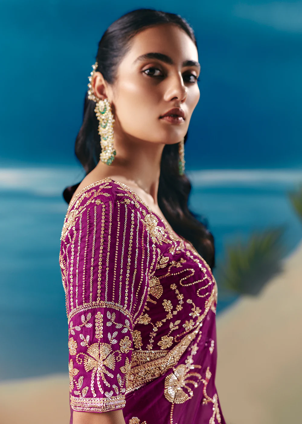 Magenta Purple Satin Organza Fancy Designer Saree - Image 5