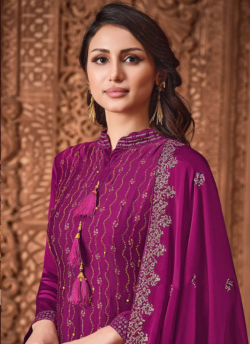 Magenta Purple Sequins Embroidered Sharara Suit - Image 2