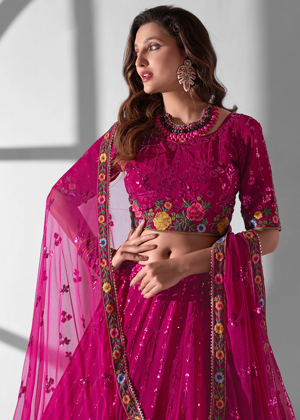 Magenta Wine Multi Embroidered Wedding Festive Lehenga Choli - Image 2