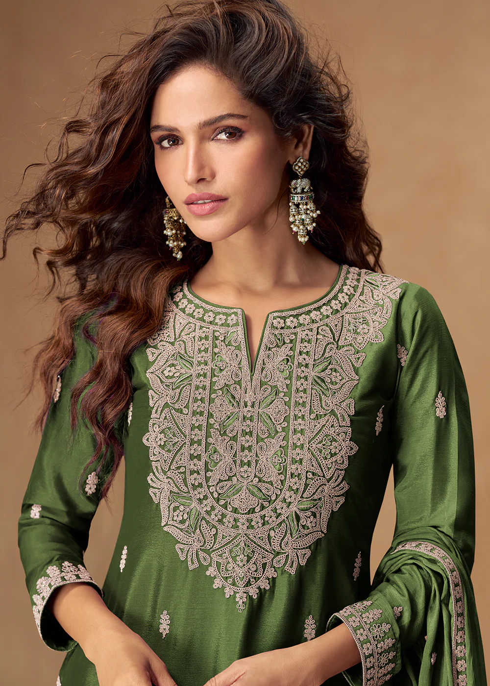 Magnificent Green Chinnon Festive Palazzo Suit - Image 2