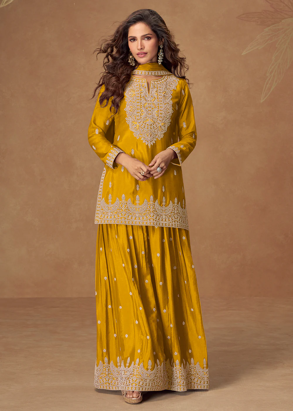 Magnificent Mustard Chinnon Festive Palazzo Suit