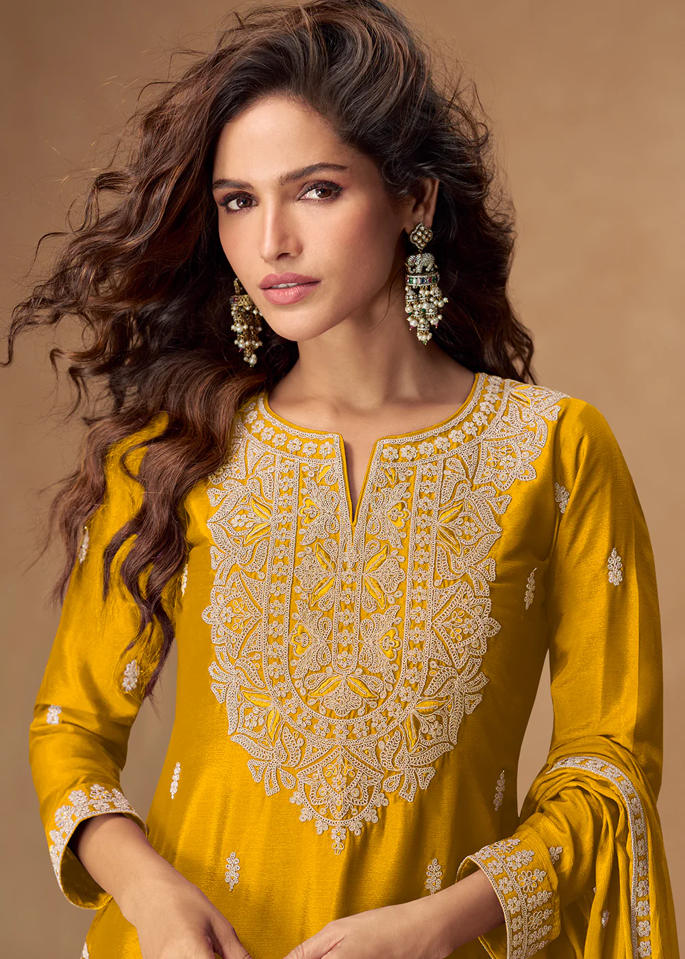 Magnificent Mustard Chinnon Festive Palazzo Suit - Image 2