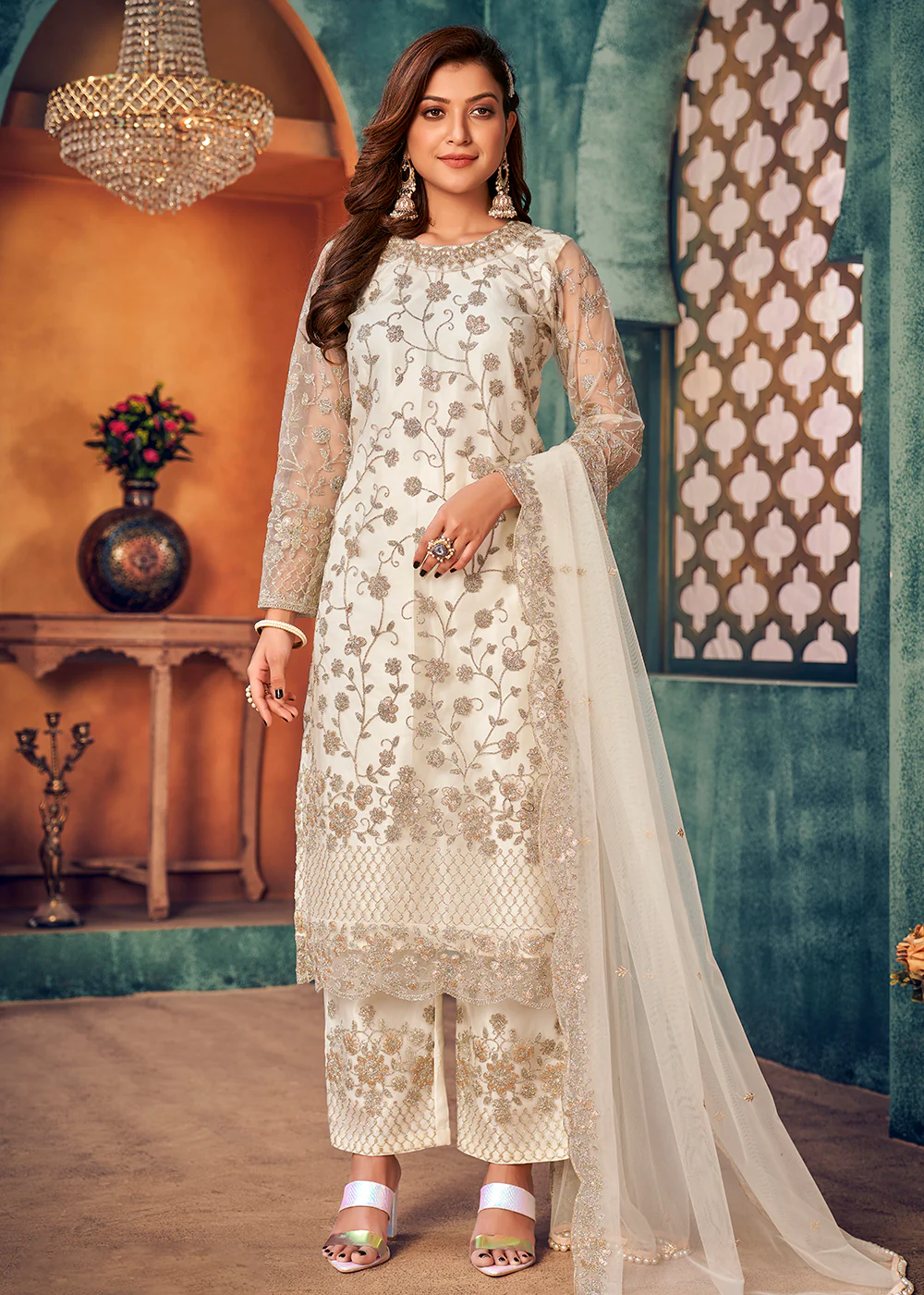 Magnolia White Layered Festive Pant Style Salwar Suit - Image 3