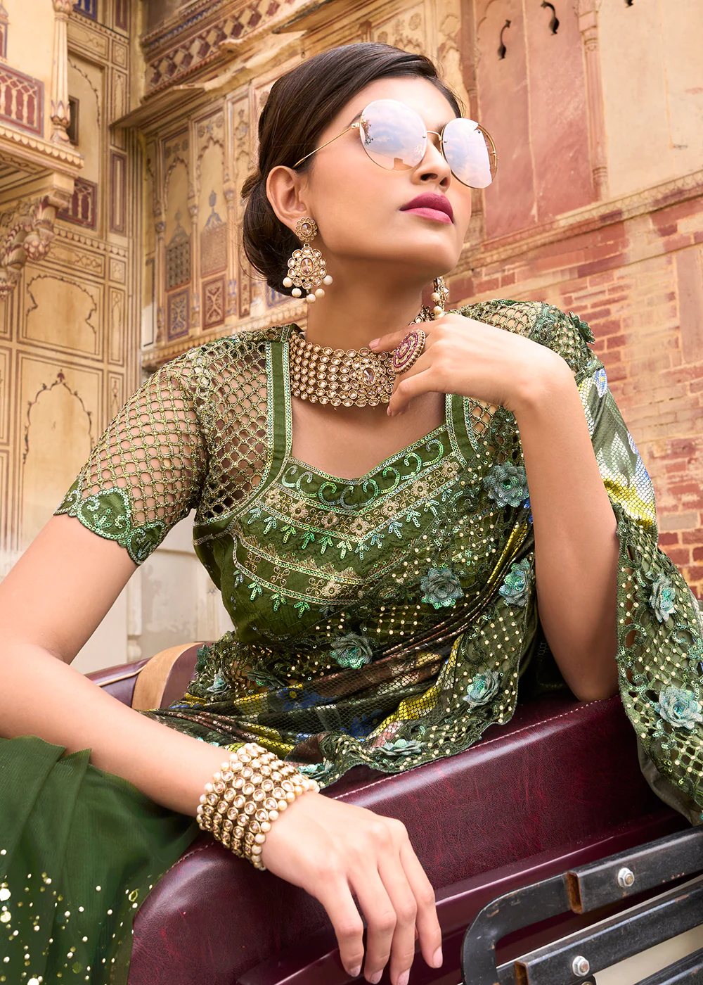 Mahendi Green Applique Net Designer Bridal Party Wear Saree - Image 3