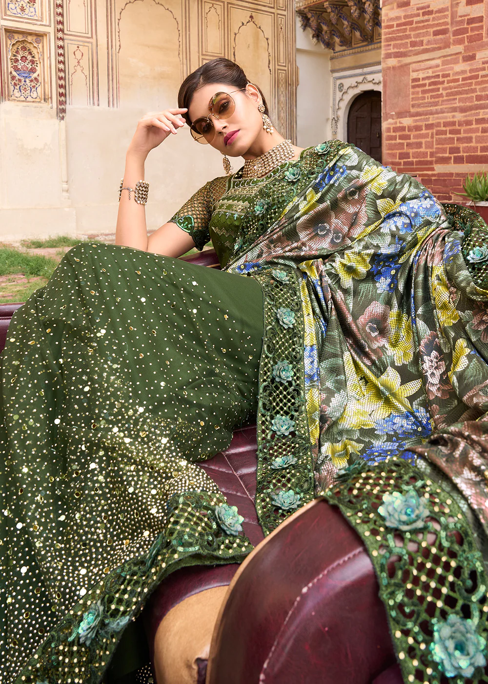 Mahendi Green Applique Net Designer Bridal Party Wear Saree - Image 4