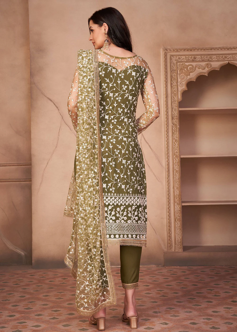 Mahendi Green Mono Net Festival Wear Pant Suit - Image 4