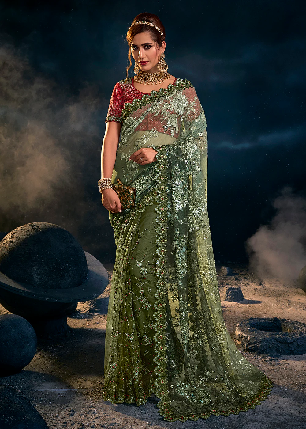 Mahendi Green Premium Net Heavy Embroidered Designer Saree