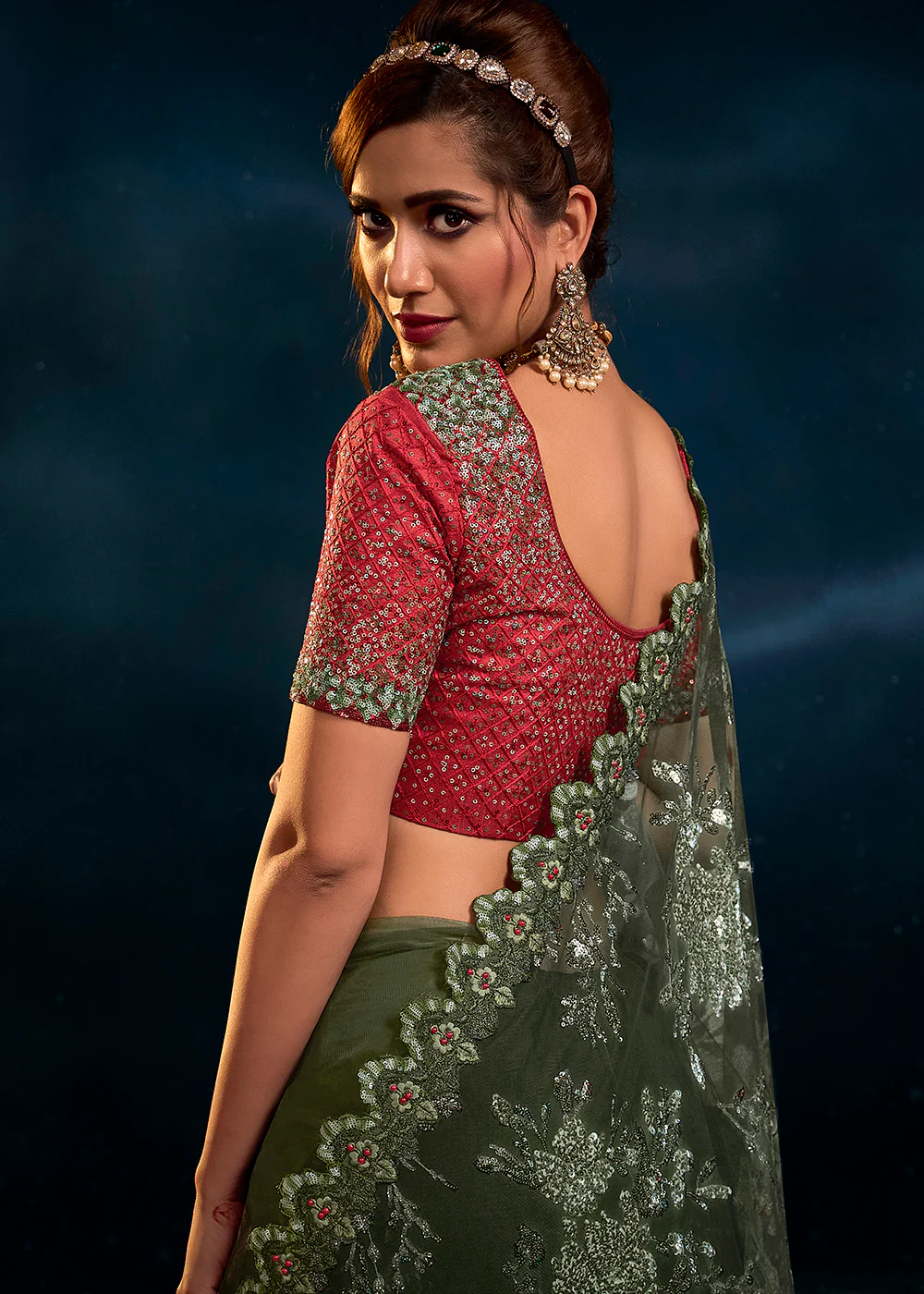 Mahendi Green Premium Net Heavy Embroidered Designer Saree - Image 3