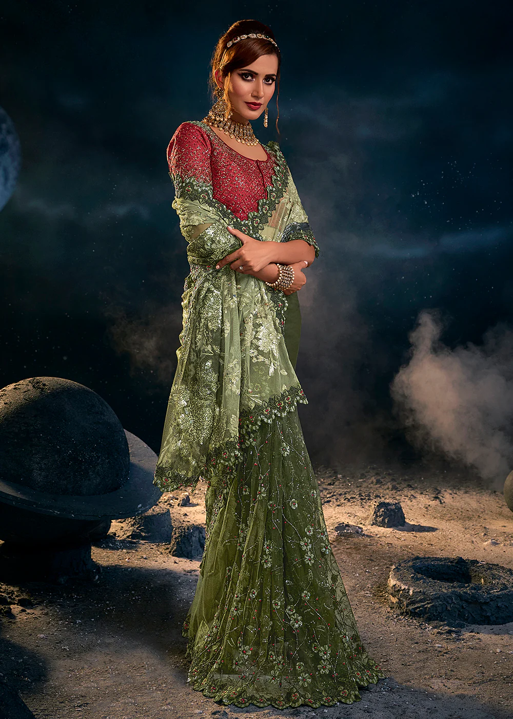 Mahendi Green Premium Net Heavy Embroidered Designer Saree - Image 4