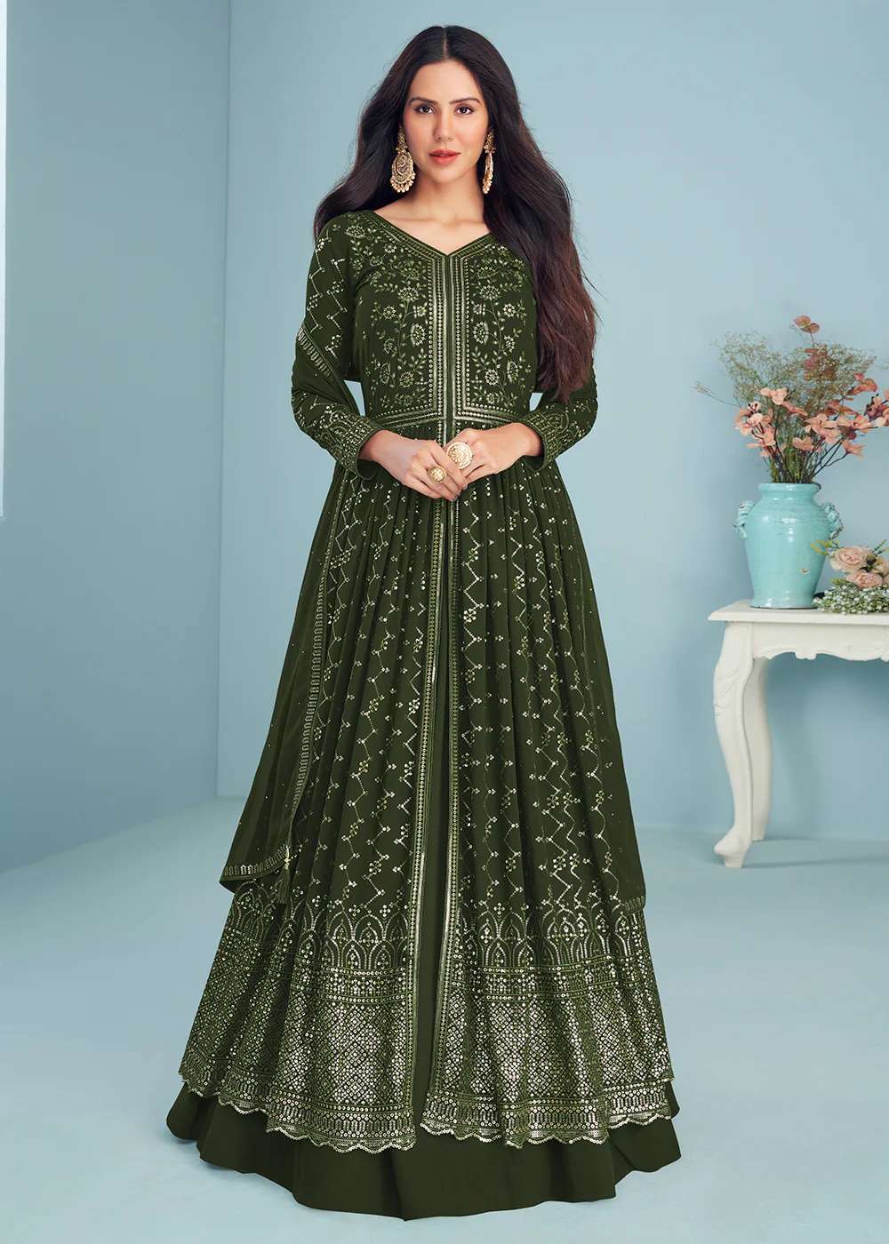 Mahendi Green Wedding Wear Designer Anarkali Suit - Image 4