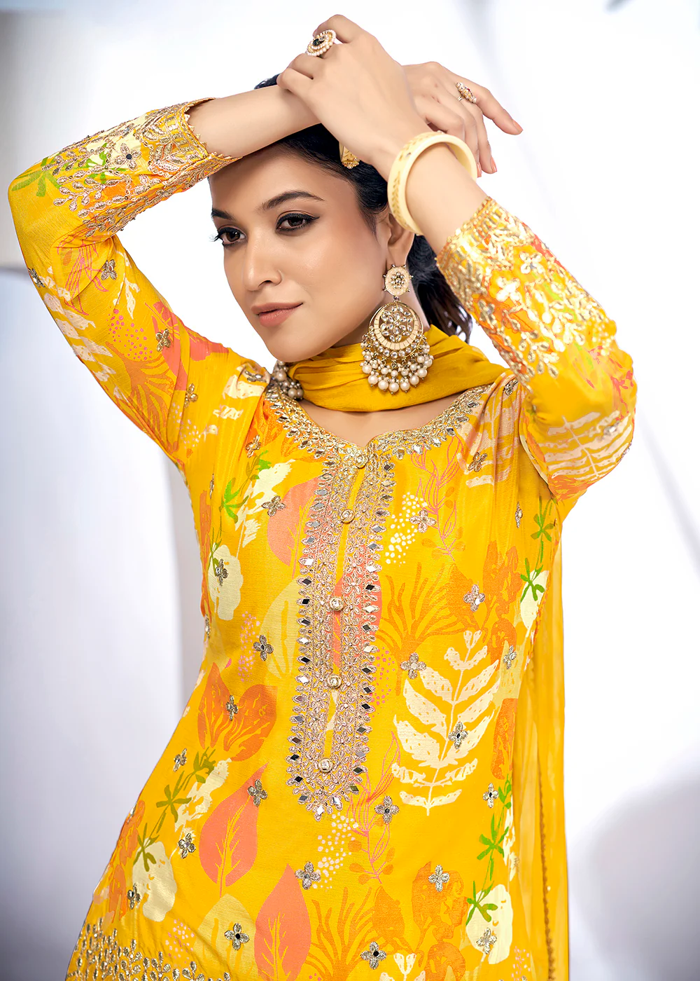 Maize Yellow Embroidered & Printed Festive Gharara Suit - Image 4