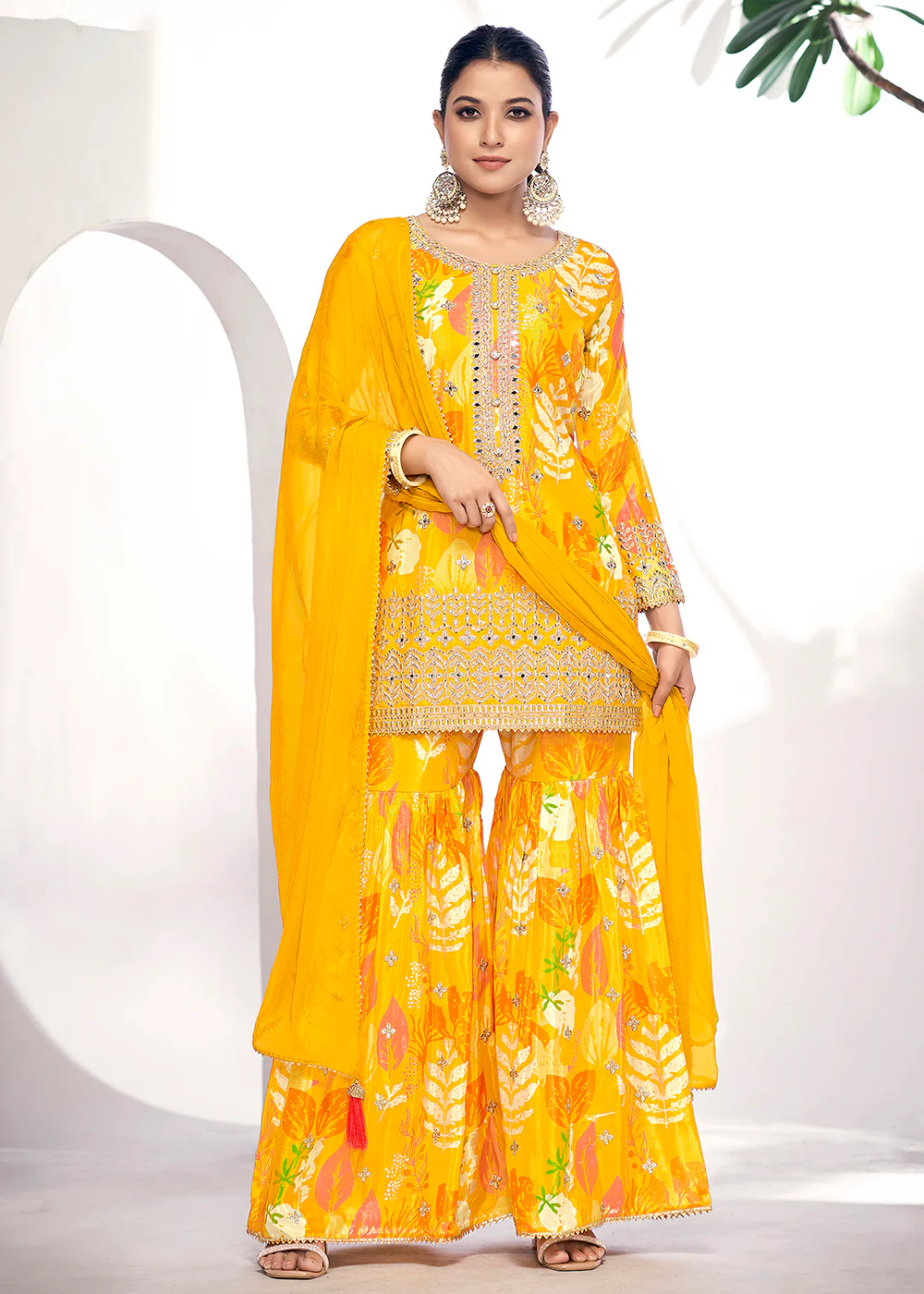 Maize Yellow Embroidered & Printed Festive Gharara Suit - Image 5