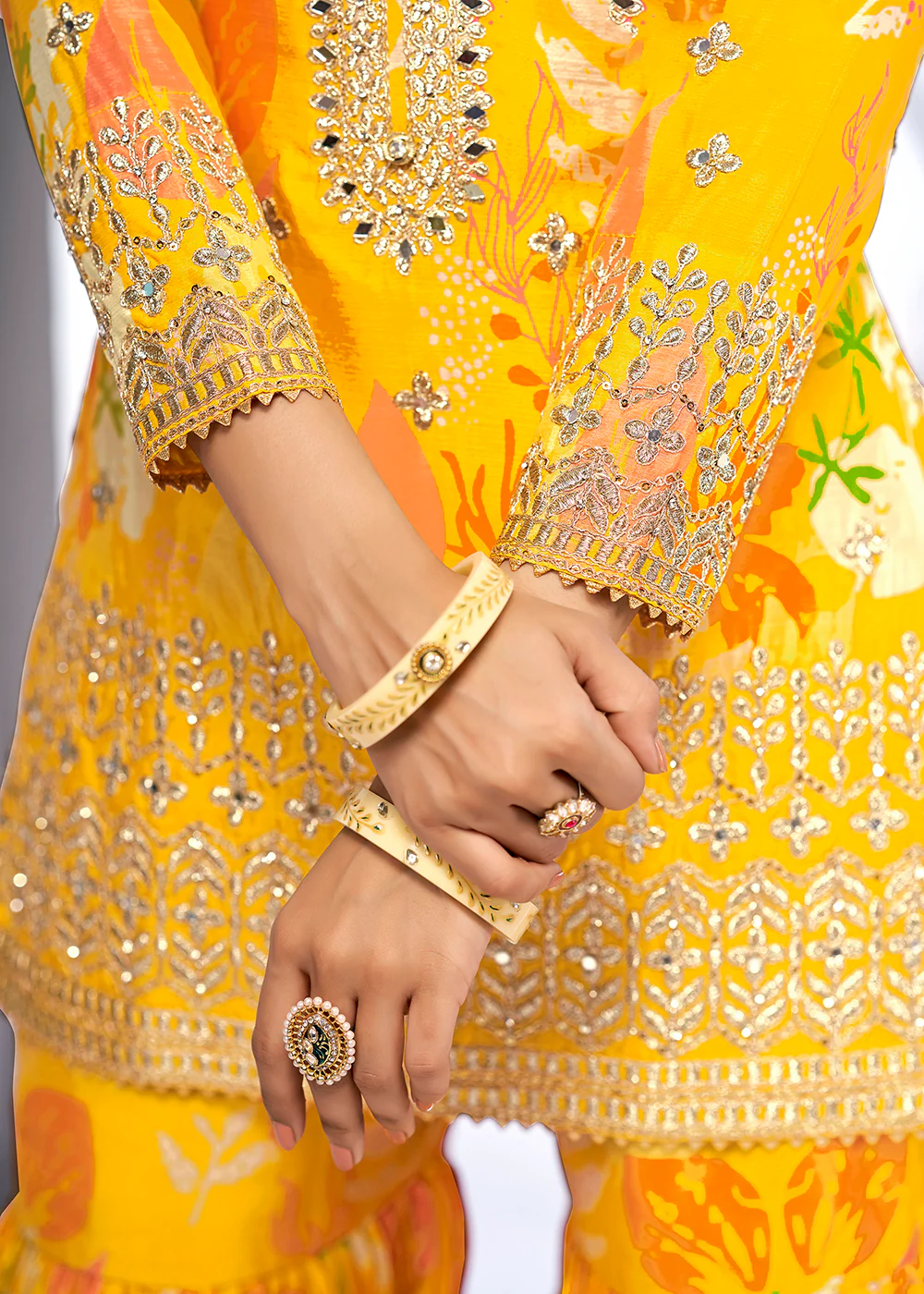 Maize Yellow Embroidered & Printed Festive Gharara Suit - Image 6