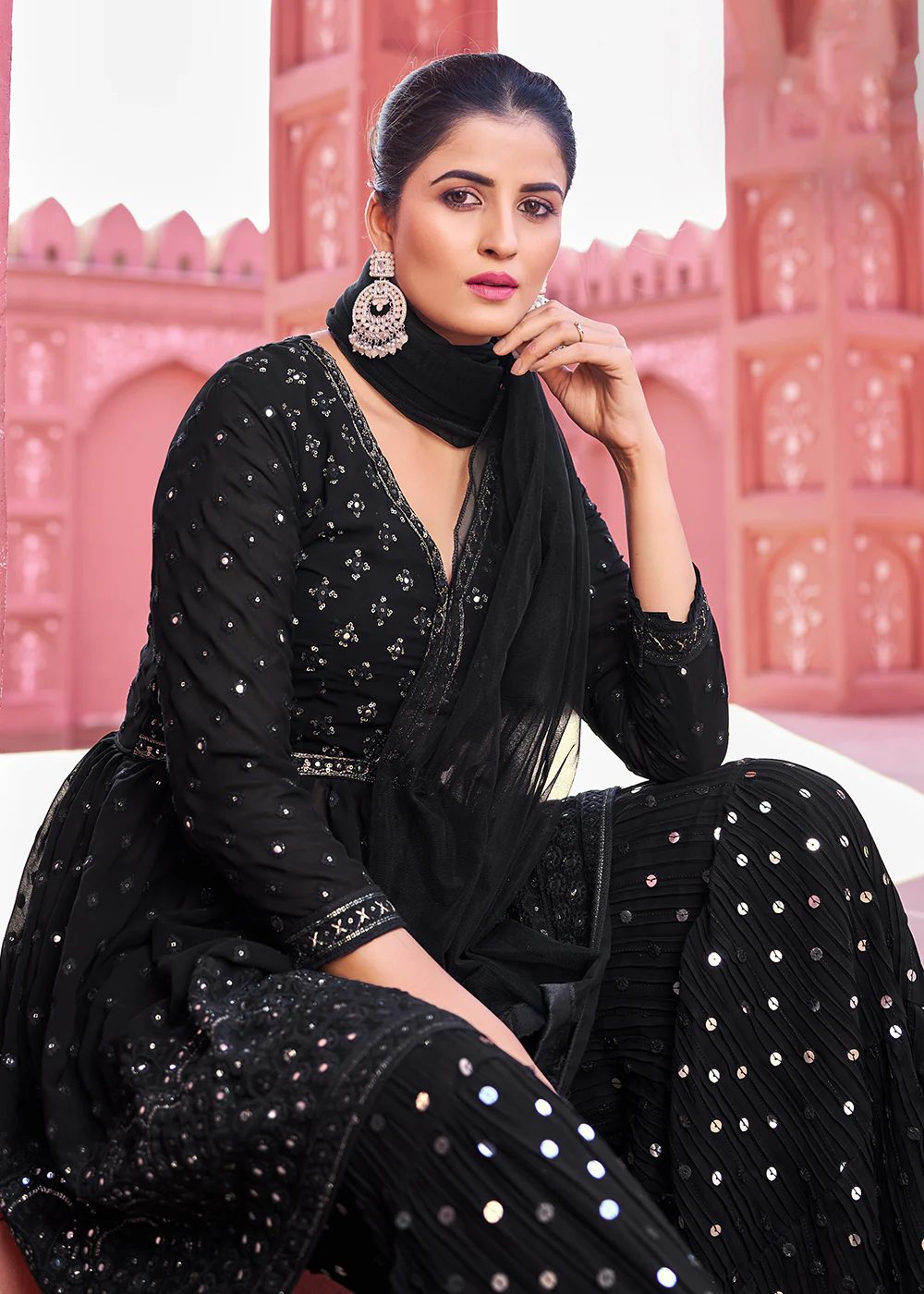 Majestic Black Embroidered Eid Style Palazzo Suit - Image 2