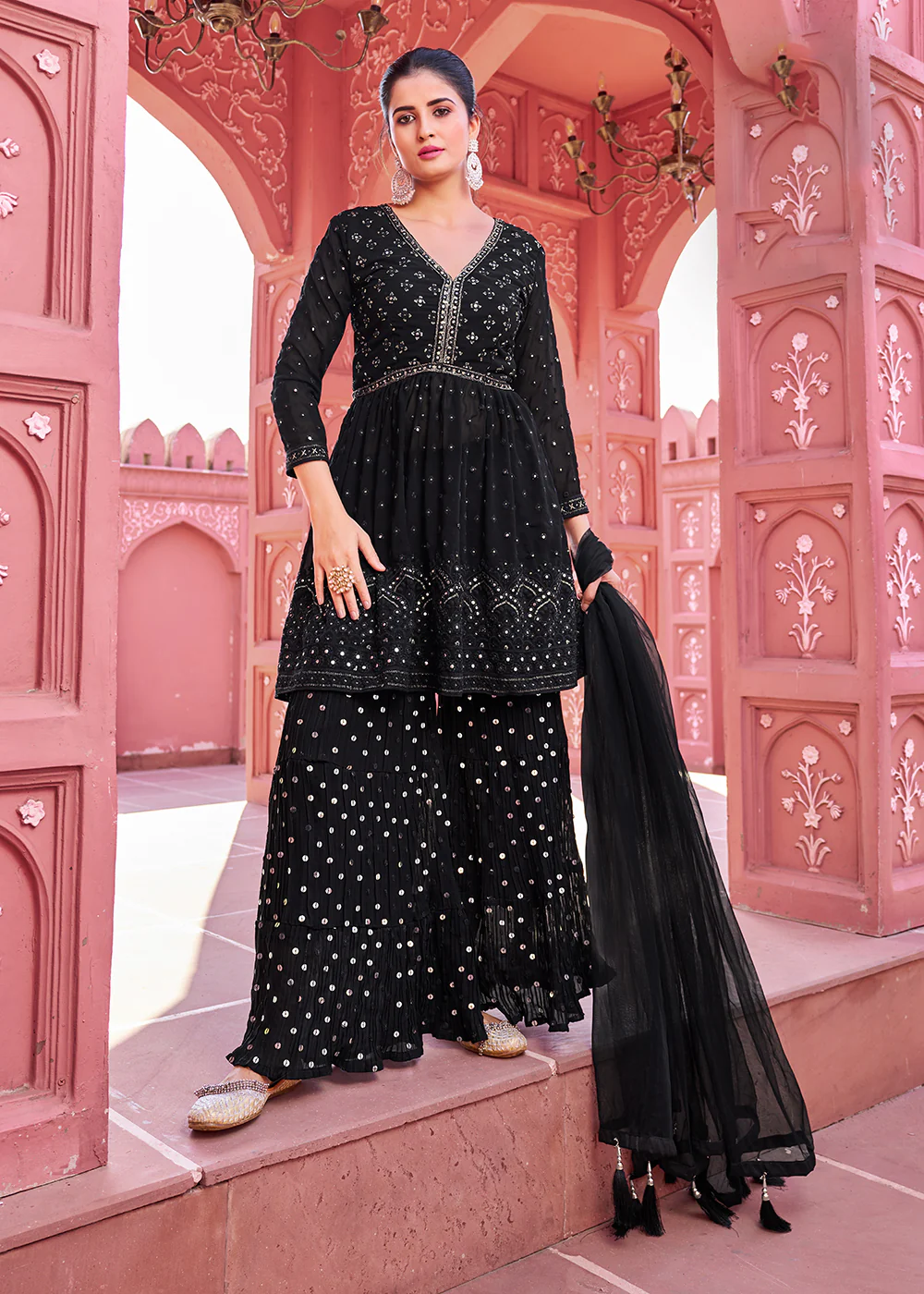 Majestic Black Embroidered Eid Style Palazzo Suit - Image 4