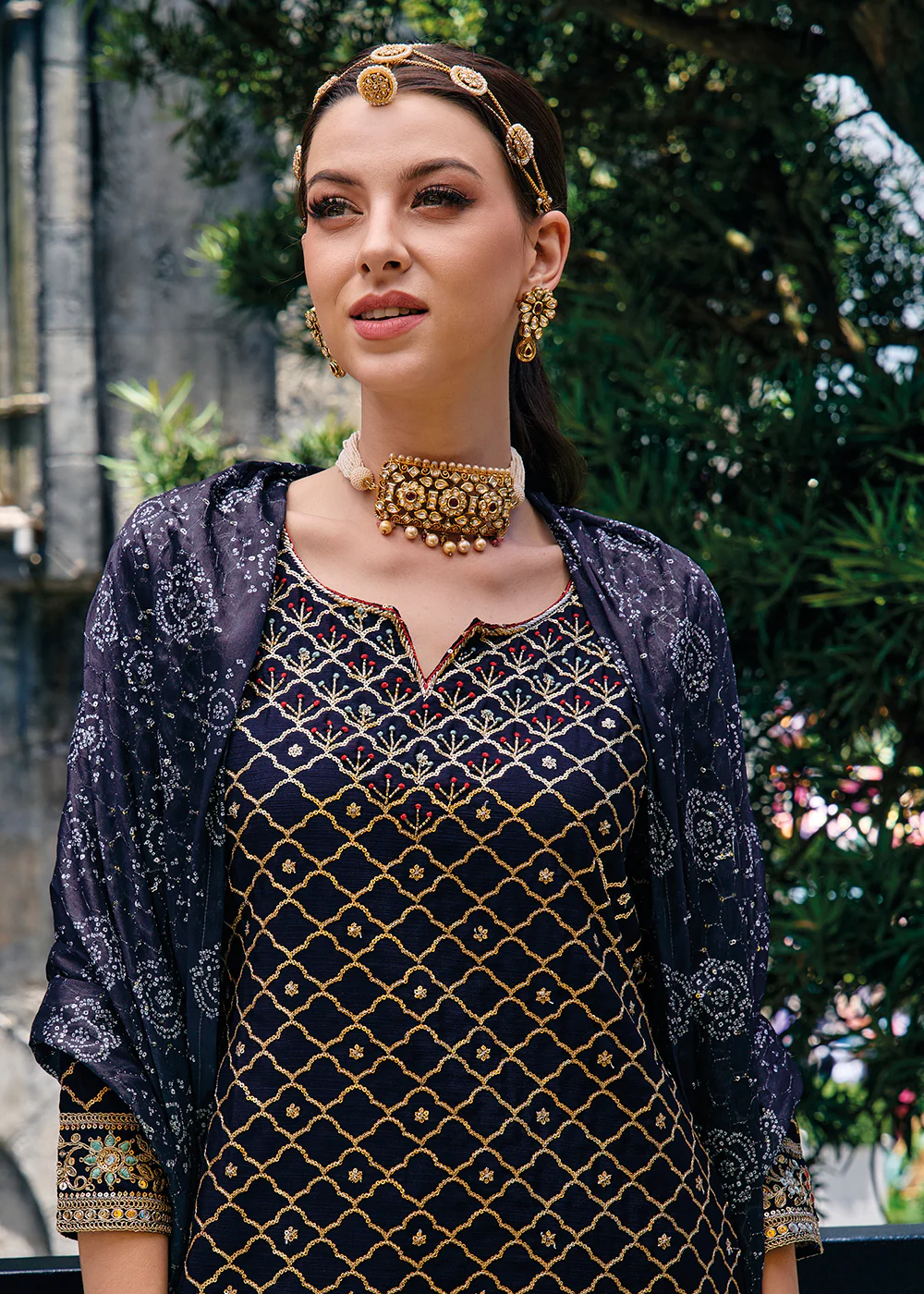 Majestic Blue Heavy Chinnon Khatli Embroidered Palazzo Suit - Image 2