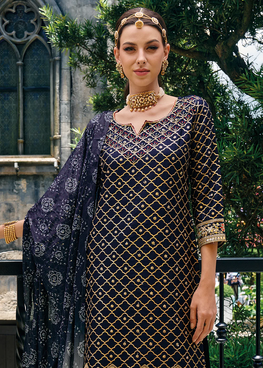 Majestic Blue Heavy Chinnon Khatli Embroidered Palazzo Suit - Image 4