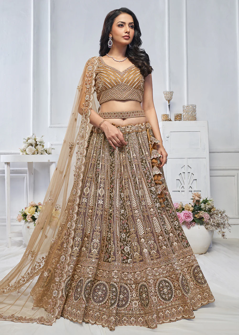 Majestic Brown Heavy Embroidered Reception Lehenga Choli