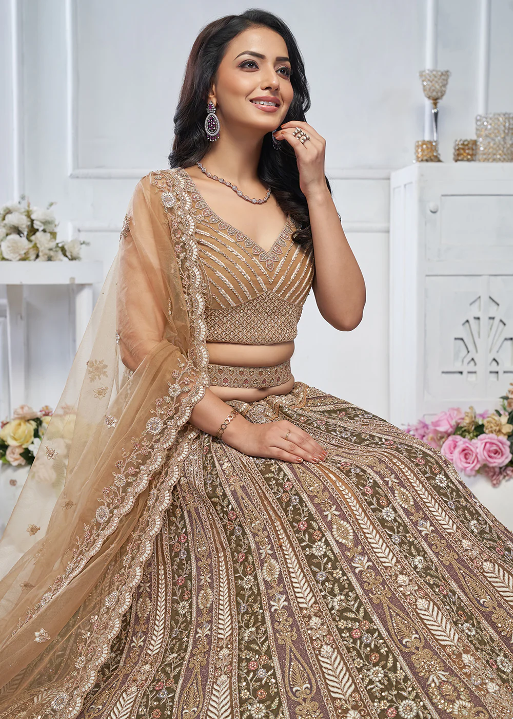 Majestic Brown Heavy Embroidered Reception Lehenga Choli - Image 2