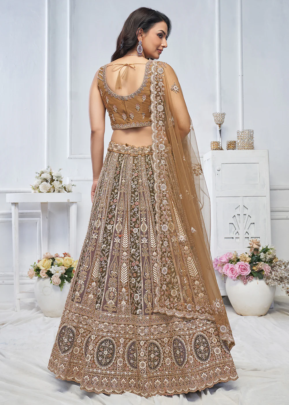 Majestic Brown Heavy Embroidered Reception Lehenga Choli - Image 3