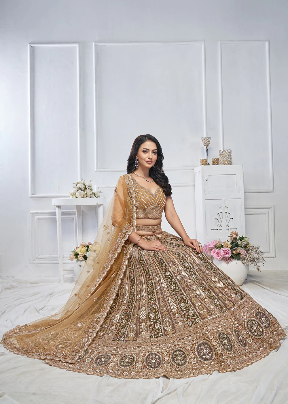 Majestic Brown Heavy Embroidered Reception Lehenga Choli - Image 4