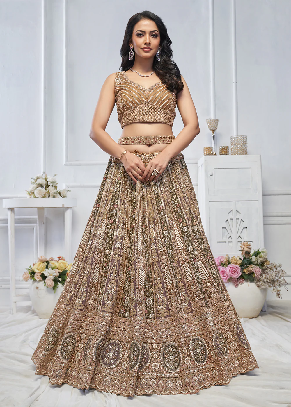 Majestic Brown Heavy Embroidered Reception Lehenga Choli - Image 5