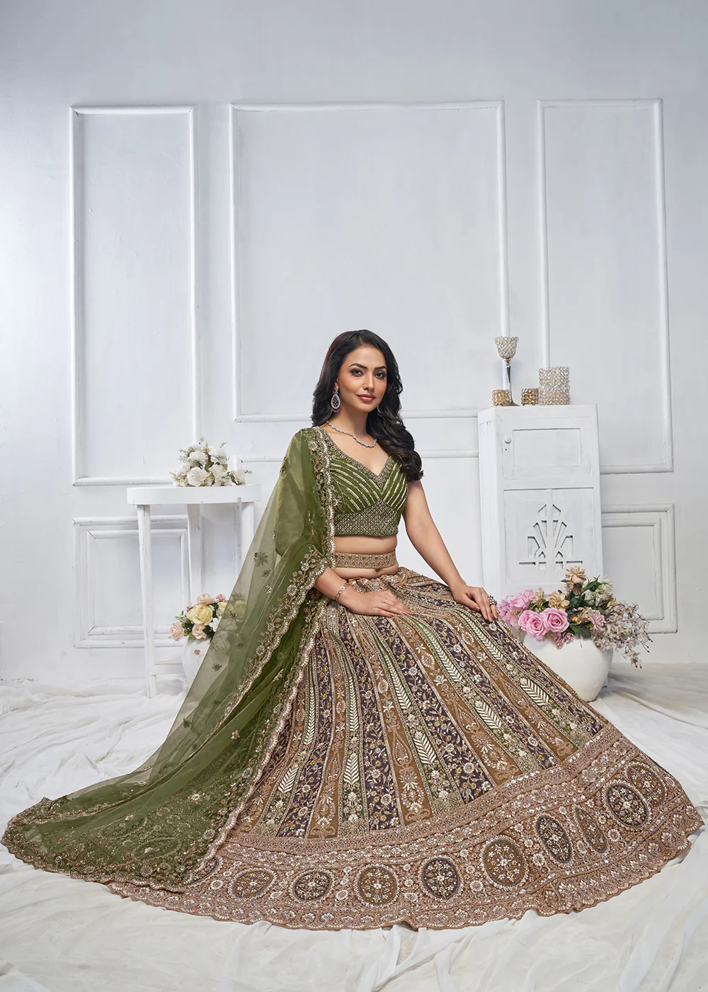 Majestic Green Heavy Embroidered Reception Lehenga Choli - Image 4