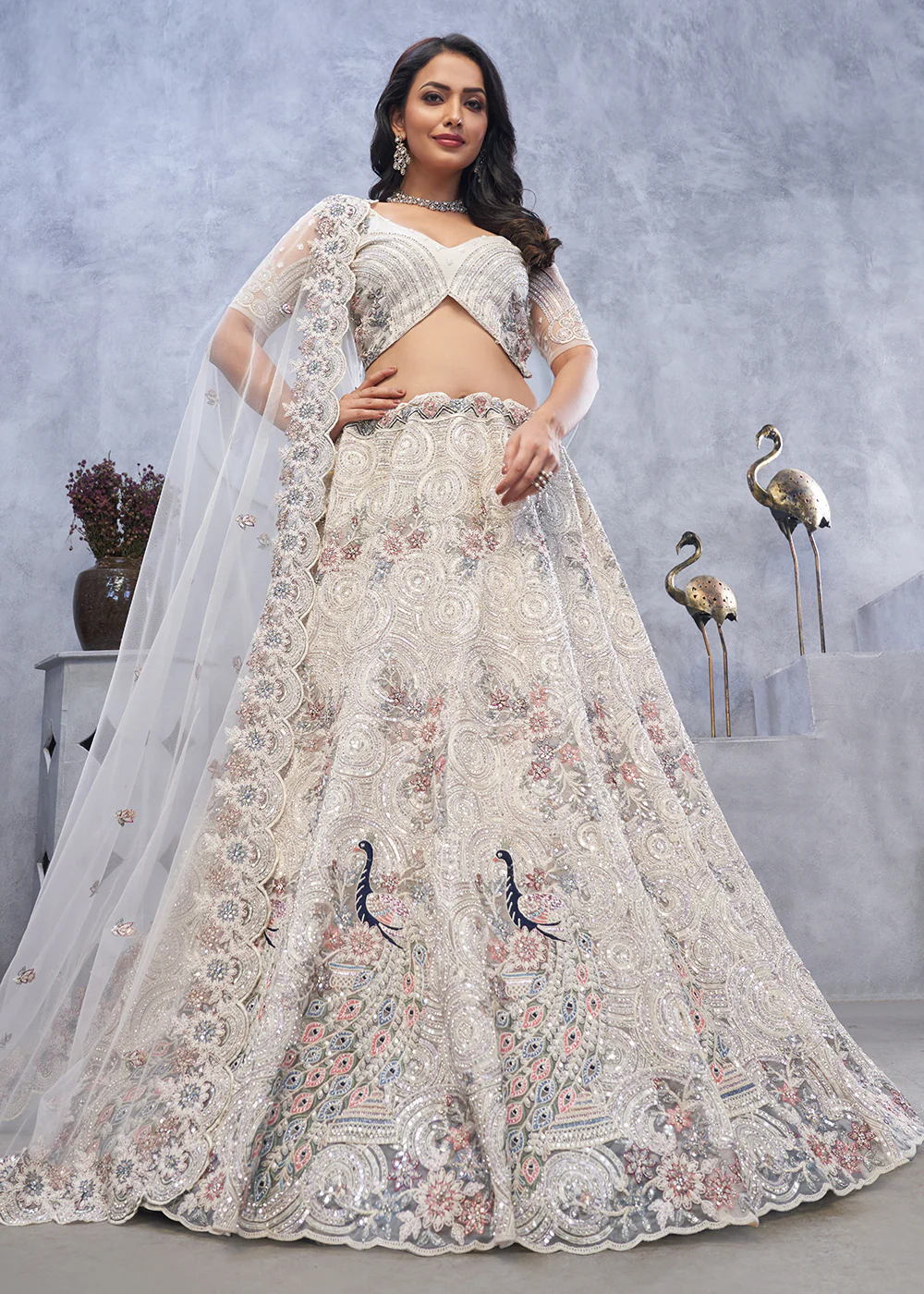Majestic Ivory Soft Net Embroidered Bridal Lehenga Choli