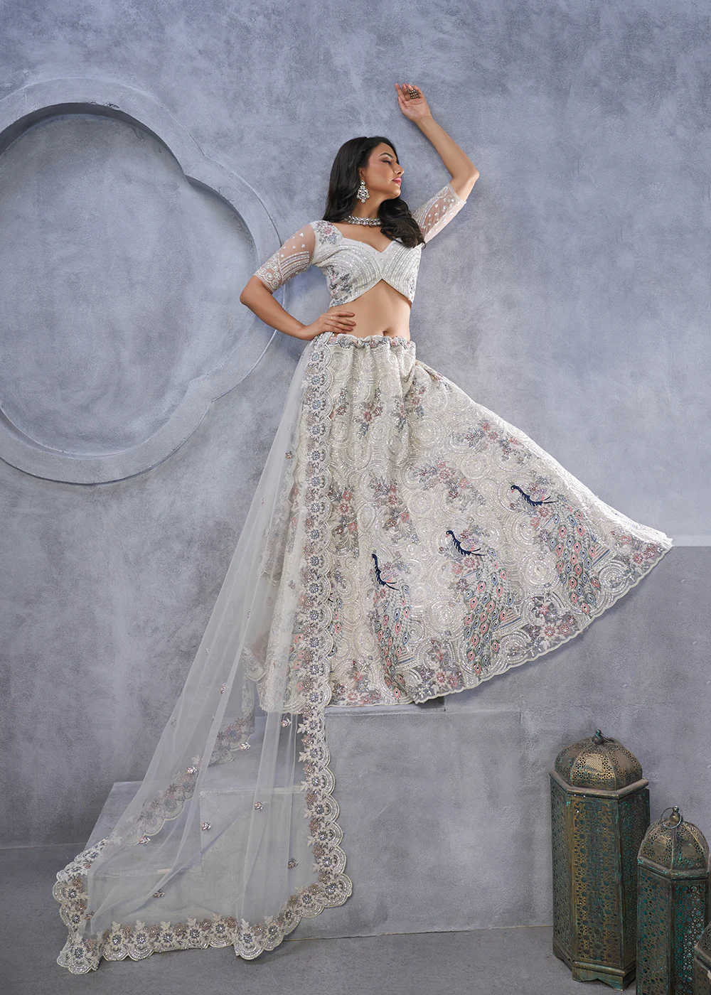 Majestic Ivory Soft Net Embroidered Bridal Lehenga Choli - Image 6