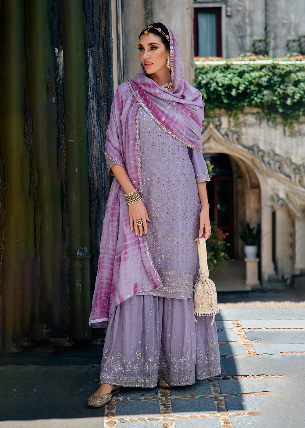 Majestic Lavender Heavy Chinnon Khatli Embroidered Palazzo Suit - Image 3