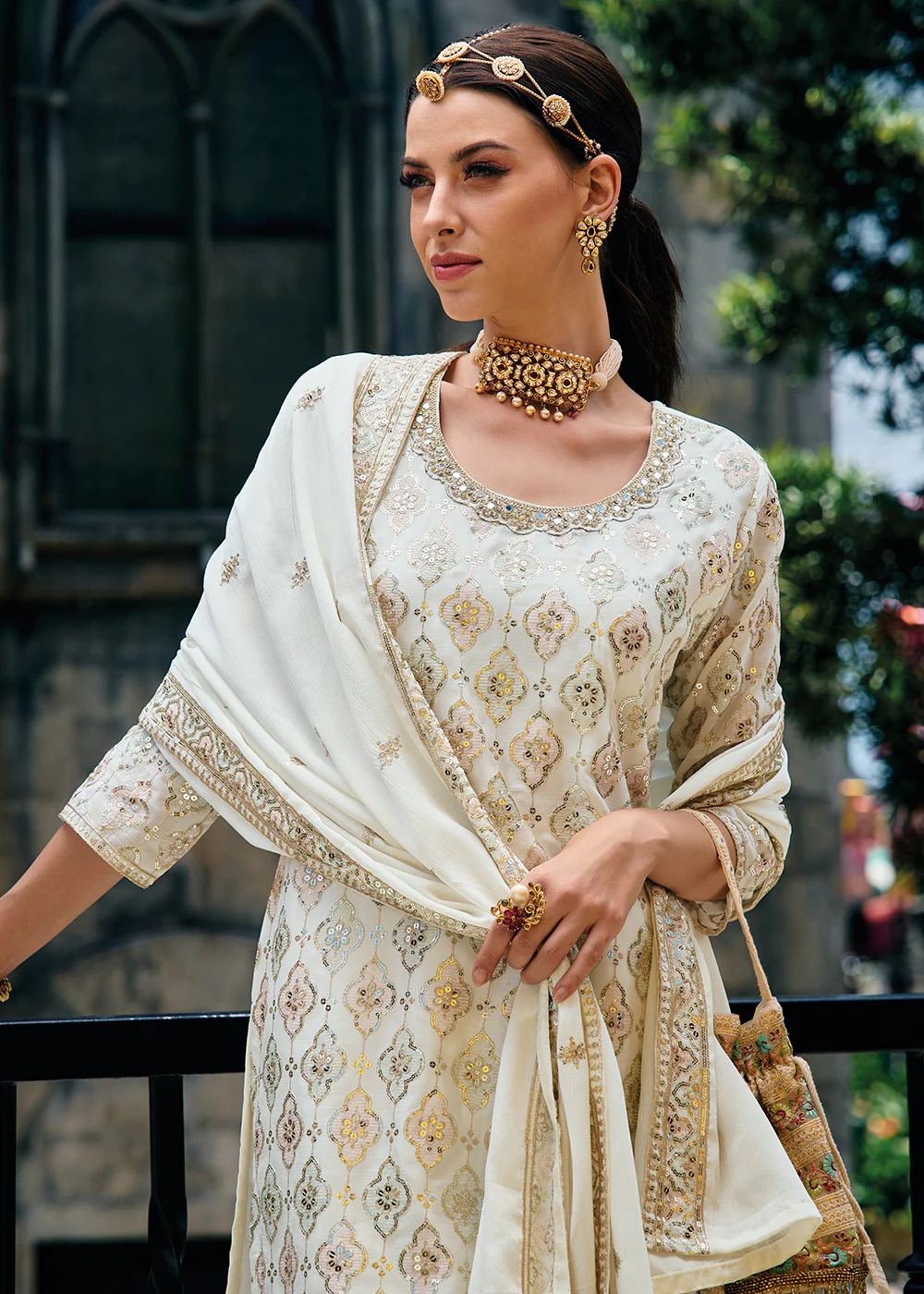 Majestic Off White Heavy Chinnon Khatli Embroidered Palazzo Suit - Image 2