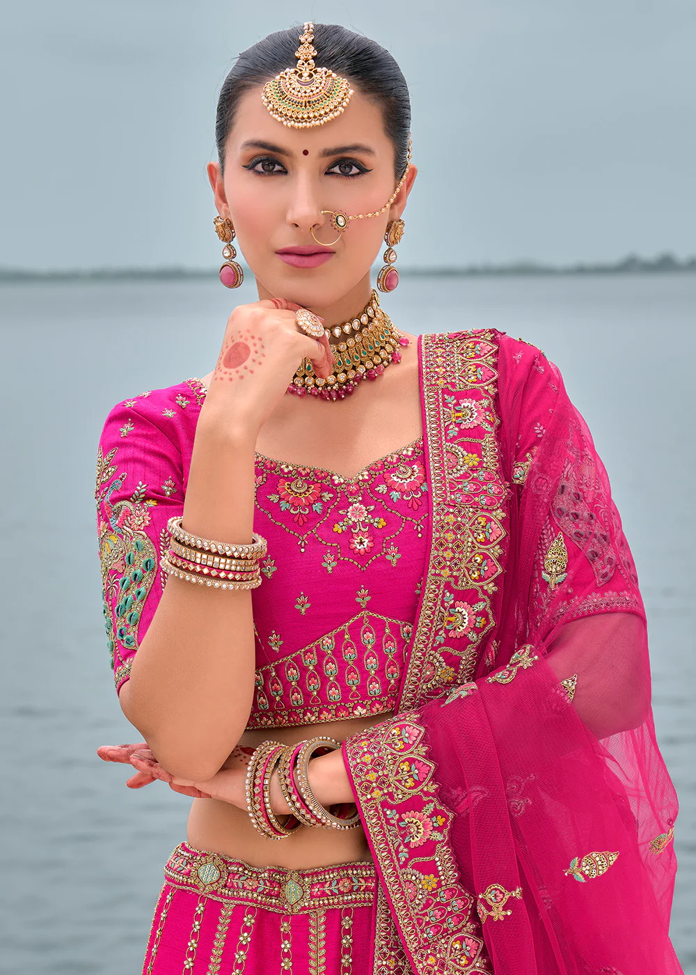 Majestic Pink Silk Embroidered Bridal Wear Lehenga Choli - Image 2