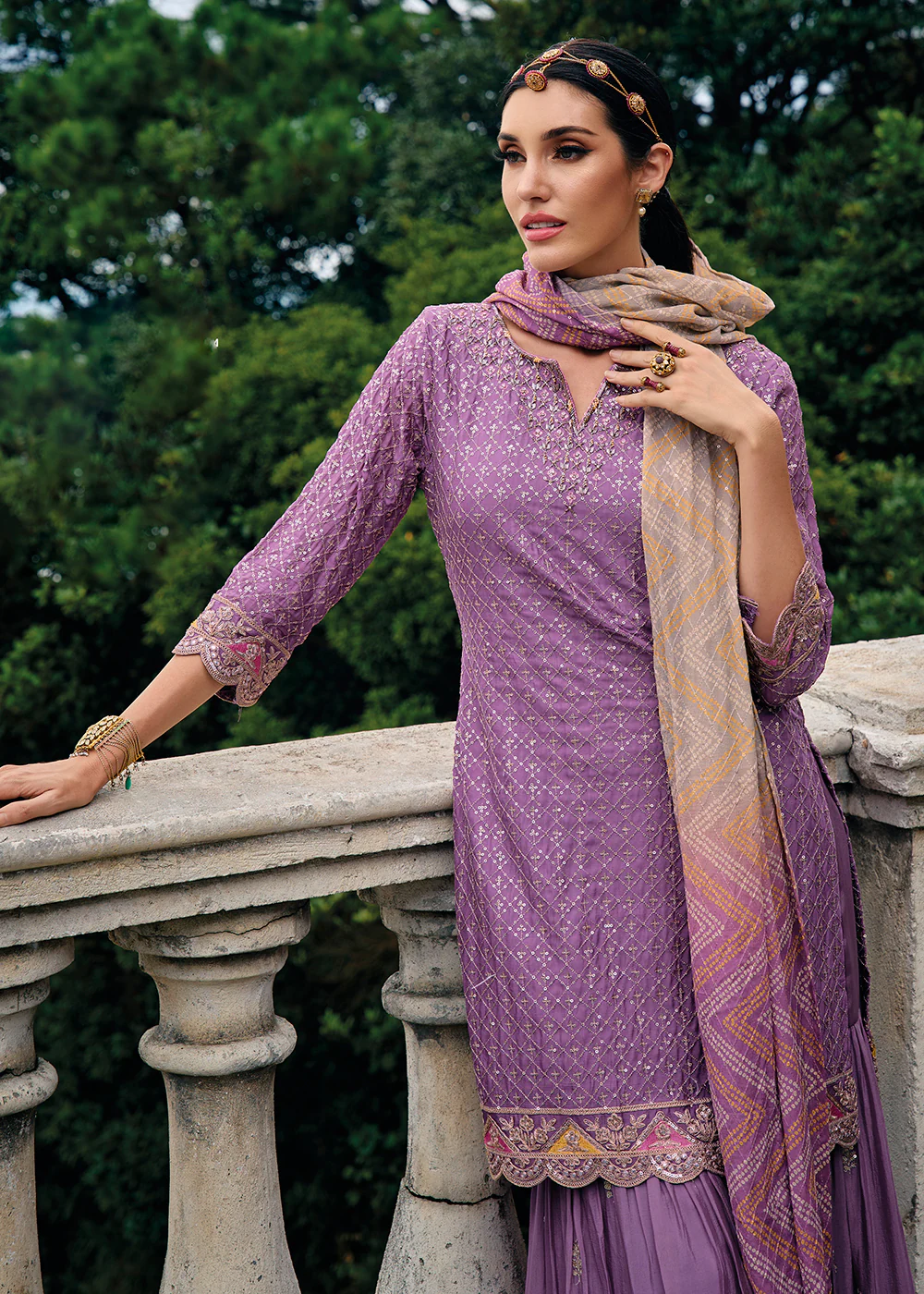 Majestic Purple Heavy Chinnon Khatli Embroidered Palazzo Suit - Image 2