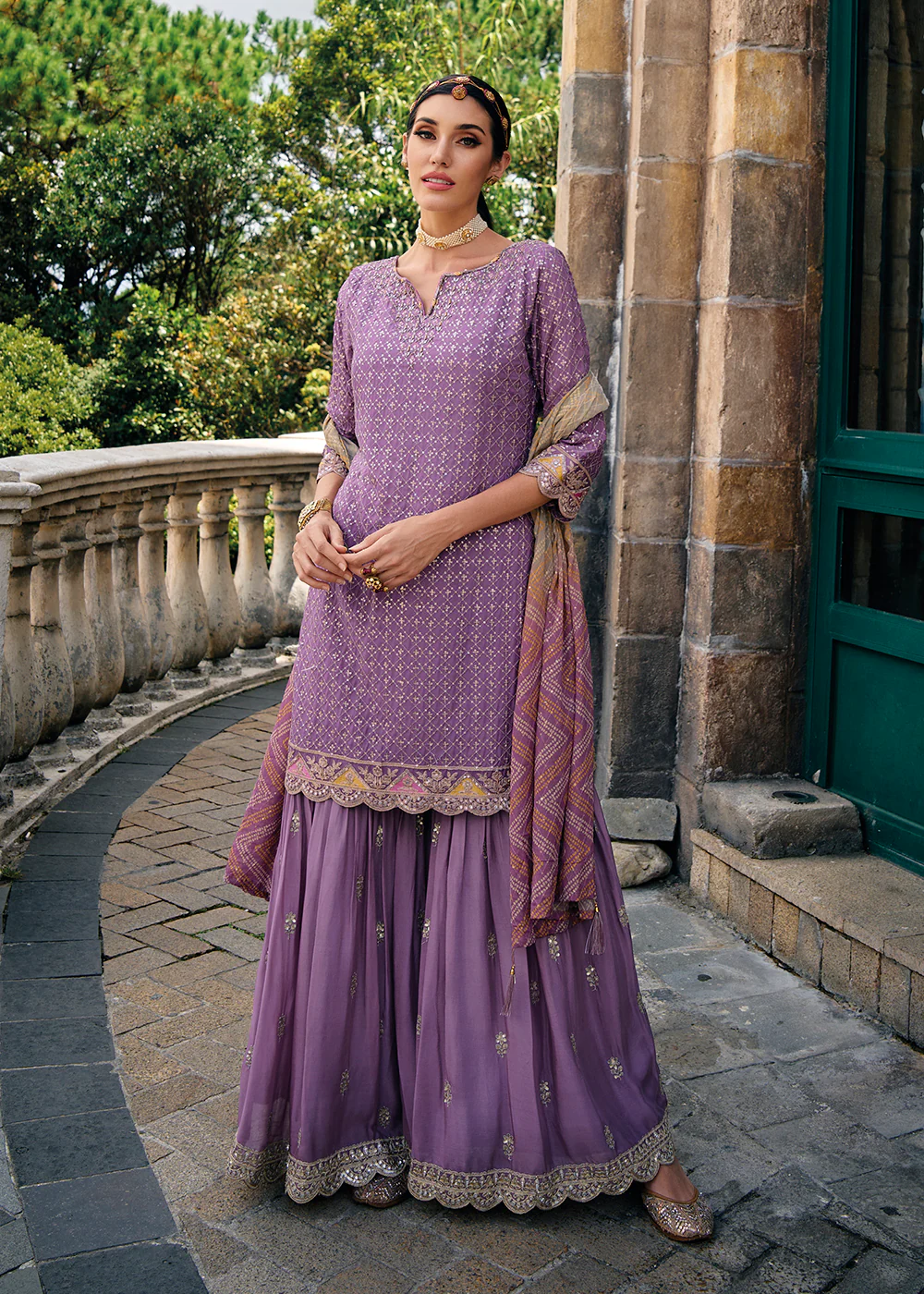 Majestic Purple Heavy Chinnon Khatli Embroidered Palazzo Suit - Image 3