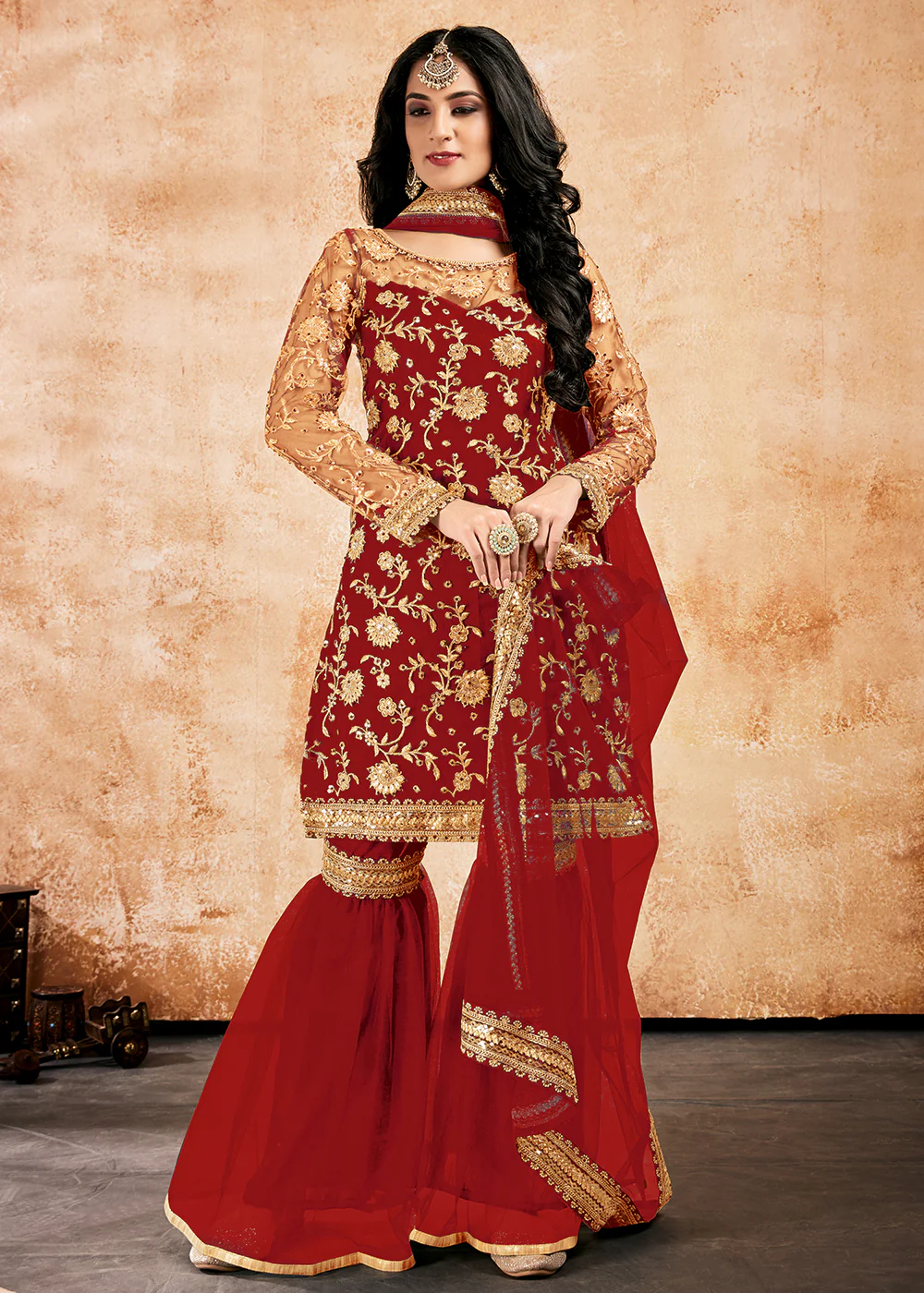 Majestic Red Net Sequins Pakistani Gharara Suit