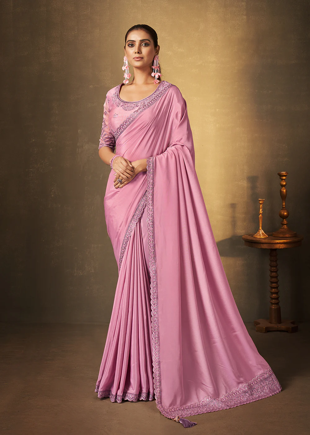 Mandys Pink Crepe Georgette Silk Embroidered Designer Saree