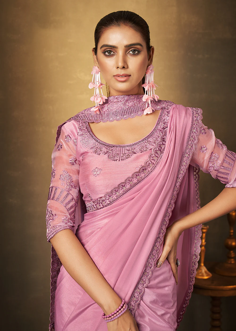 Mandys Pink Crepe Georgette Silk Embroidered Designer Saree - Image 2