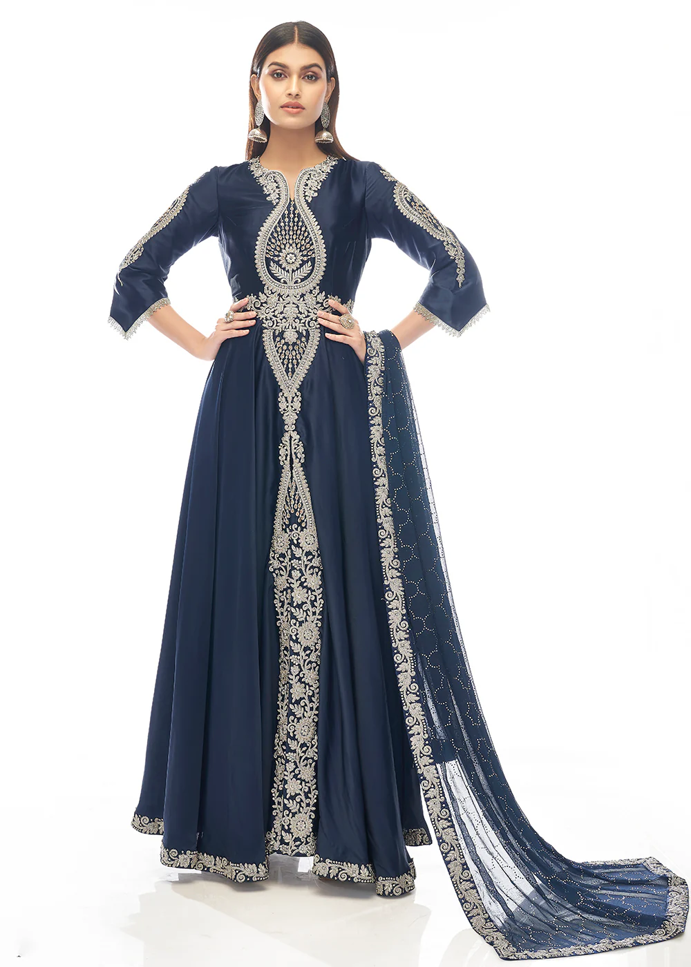 Marino Blue Jewel Style Work Satin Wedding Anarkali Suit