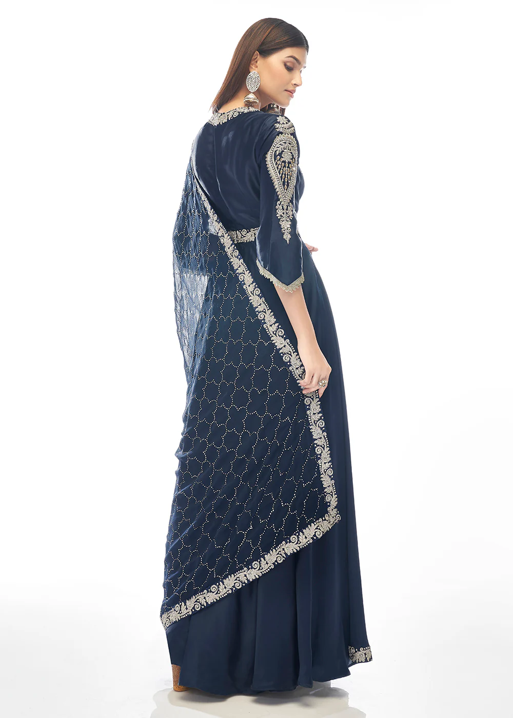 Marino Blue Jewel Style Work Satin Wedding Anarkali Suit - Image 3
